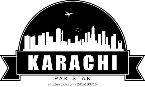 Black and white Karachi Pakistan city buildings skyline negative air space silhouette dome shaped emblem with scroll banner below and name text inside. Vector eps graphic design.