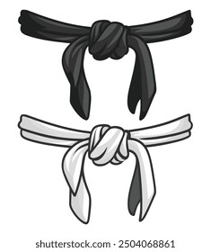 Black and white karate and judo belt illustration, featuring traditional fighter bathrobe and kimono elements. Hand-drawn design suitable for martial arts themes.