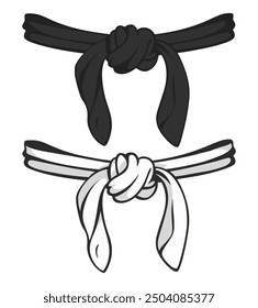 Black and white karate and judo belt, representing traditional martial arts clothing. Hand-drawn illustration of a fighter's bathrobe and Japanese kimono for combat sports themes.