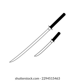 black and white katana sword set isolated on white background. weapon, sword, katana, knife, blade, cut, attack, ninja, samurai, japanese sword, sticker, clipart, flat, simple, vector illustration