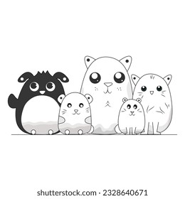 Black and White Kawaii Animals in Siting Pose.