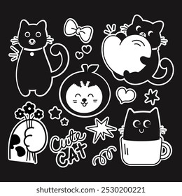 Black and White Kawaii Cats and Fun Graphics, Playful Cat Illustrations, Adorable cat-themed stickers, Perfect for crafting, digital planners, and adding a touch of cuteness to any project