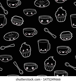 Black and white kawaii cups seamless pattern print background