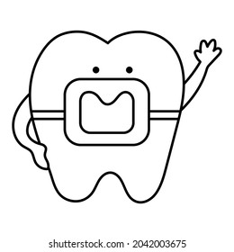 Black and white kawaii tooth with braces. Vector teeth line icon. Funny dental care picture for kids. Dentist baby clinic clipart or coloring page with mouth hygiene concept