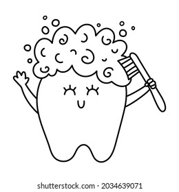 Black And White Kawaii Tooth Cleaning Himself With Toothbrush. Vector Teeth Line Icon. Funny Dental Care Picture For Kids. Dentist Baby Clinic Clipart Or Coloring Page With Mouth Hygiene Concept