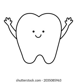 Black and white kawaii tooth with hands up. Vector teeth line icon. Funny dental care picture for kids. Dentist baby clinic clipart or coloring page with mouth hygiene concept