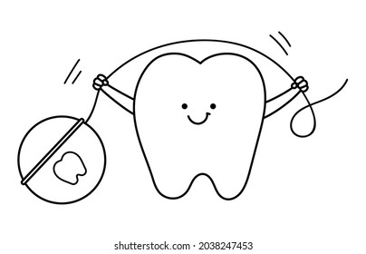 black and white kawaii tooth holding floss. Vector teeth line icon. Funny dental care picture for kids. Dentist baby clinic clipart or coloring page with mouth hygiene concept