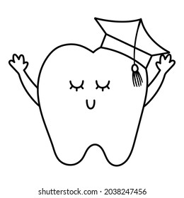 black and white kawaii wisdom tooth with academic hat. Vector teeth line icon. Funny dental care picture. Dentist baby clinic clipart or coloring page with mouth hygiene concept