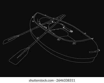Desenho de caiaque preto e branco com dois remos, com linhas limpas e um estilo minimalista. O fundo escuro aprimora o contraste, criando um visual impressionante. Perfeito para temas ao ar livre e de aventura.