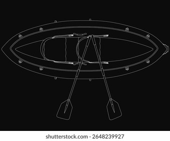 Ilustração de caiaque preto e branco com duas alavancas cruzadas, definido contra um fundo texturizado escuro para contraste. A arte de linha limpa enfatiza a simplicidade e a aventura, ideais para o ar livre ou água.
