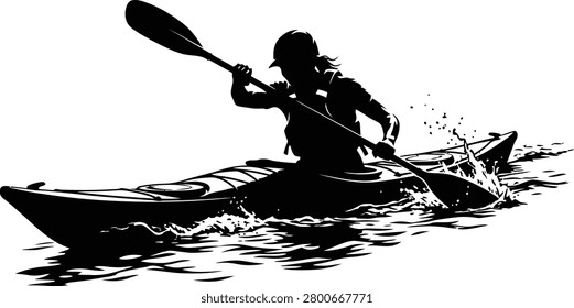 Black and white of a kayaker paddling on choppy water kayaking paddle