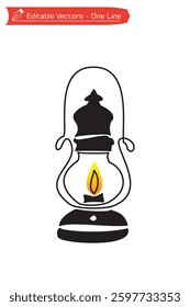 Black and white kerosene lantern with flame. Black and white hanging lantern doodle style image.