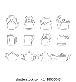 Black and white kettle line icon set. Teapot logo. 