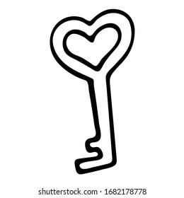 Black And White Key Doodle Sketch. Hand-Drawn Isolated Illustration On White Background. Key For Kid Coloring Book, Coloring Page, Design, Holiday And Birthday Card.