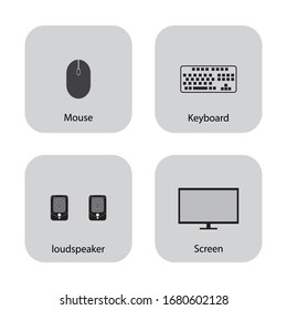 Teclado blanco y negro, ratón, icono de pantalla2 , fondo en blanco.