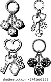 Black and White Keychain Vector Illustration, Keys, Dice and Heart Ring Line Art Design.