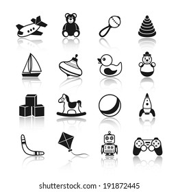 Black and white kid children toys icons set of airplane teddy bear rattle pyramid isolated vector illustration.