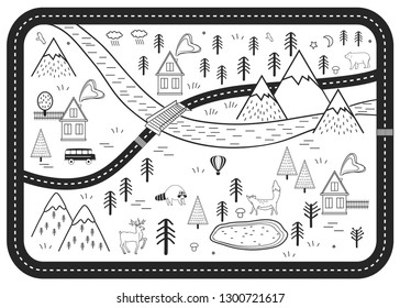Black and White Kids Road Play Mat. Vector River, Mountains and Woods Adventure Map with Houses and Animals. Scandinavian Style Art Print