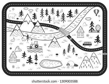 Black and White Kids Road Play Mat. Vector River, Mountains and Woods Adventure Map with Houses, Wood, Field, and Animals. Scandinavian Style Art