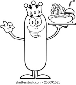 Black And White King Sausage Carrying A Hot Dog, French Fries And Cola.Vector Illustration Isolated On White
