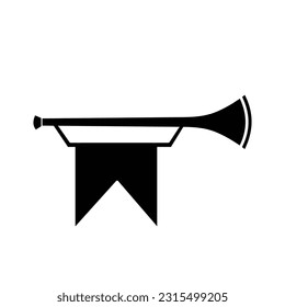 Black and white kingdom fantasy trumpet vector icon silhouette isolated on square white background. Simple flat minimalist cartoon art styled drawing.