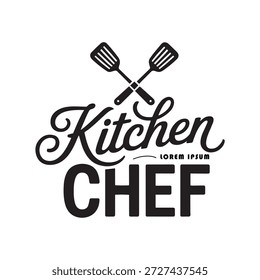 Logotipo de chef de cocina en blanco y negro con espátulas cruzadas e icono de texto