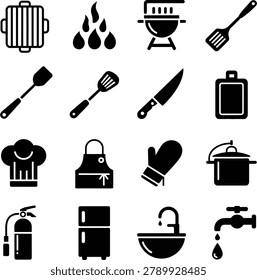 Black and white kitchen cooking tools and appliances icon set featuring essential equipment for culinary preparation