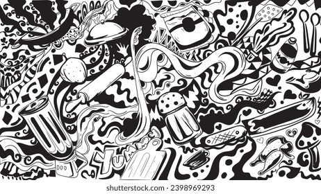 Doodle de cocina en blanco y negro. estilo de diseño de doodle dibujado a mano