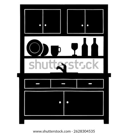 Black and white kitchen hutch cabinet with sink dishes and glassware illustration for design needs