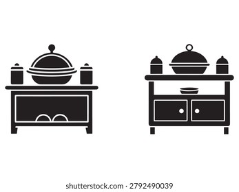 Black and white kitchen sideboard with serving dishes and condiments on top and storage below kitchen furniture and servingware