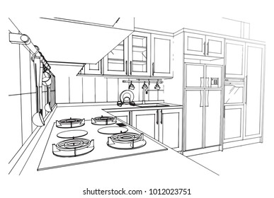 black and white kitchen sketch design