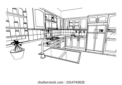 Black White Kitchen Sketch Design Stock Vector (Royalty Free ...