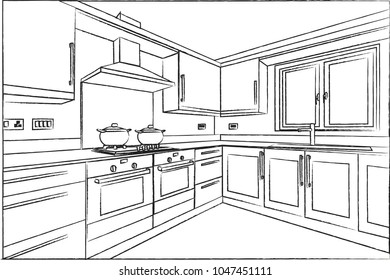 Kitchen Black White Sketch Design Stock Vector (Royalty Free) 1296808417