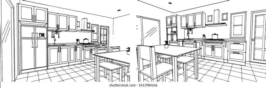 black and white kitchen sketch design 