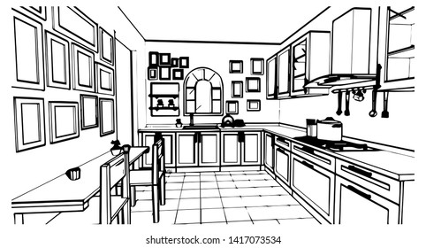 black and white kitchen sketch  design