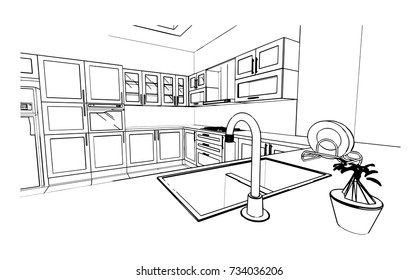 black and white kitchen sketch design focus on sink and faucet  on worktop