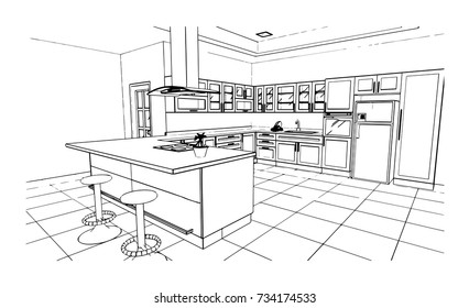 black and white kitchen sketch design selective focus to hob and hood on worktop