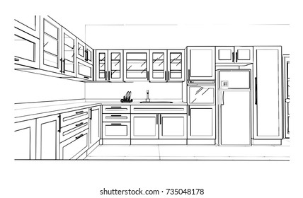 Black White Kitchen Sketch Design Stock Vector (Royalty Free) 735048178 ...