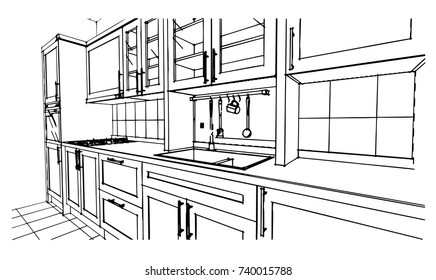 black and white kitchen sketch design 