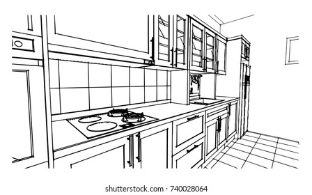 black and white kitchen sketch design 