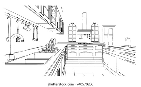 black and white kitchen sketch design