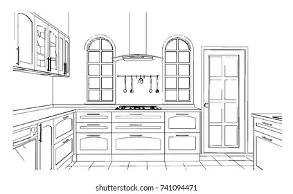 Black White Kitchen Sketch Design Stock Vector (Royalty Free) 741094471 ...