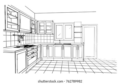black and white kitchen sketch design