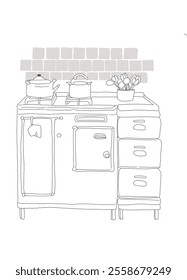 Black and white kitchen sketch illustration with stove and kettle on brick wall
