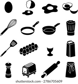 Black and white kitchen tools and ingredients silhouette icons for culinary and cooking design projects