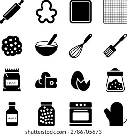 Black and White Kitchen Tools and Ingredients Icon Set Featuring Rolling Pin Baking Sheet Mixer Spoon Flour Vanilla Jar