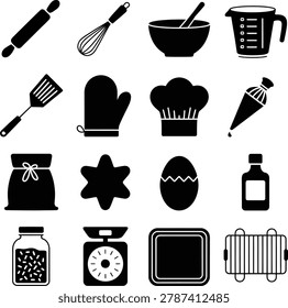 Black and White Kitchen Tools and Ingredients Icon Set Featuring Cooking Utensils and Food Items