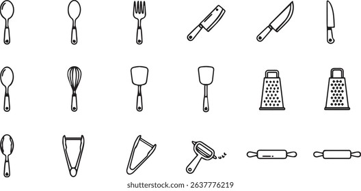  black and white Kitchen tools — spoon, fork, knife, whisk, spatula, grater, ladle, tongs, peeler, rolling pin. icon file format set