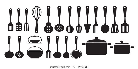 Iconos blancos y negros del utensilio de cocina y del Cookware 