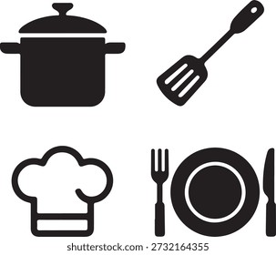 Black and white kitchen utensils and chef hat plate fork